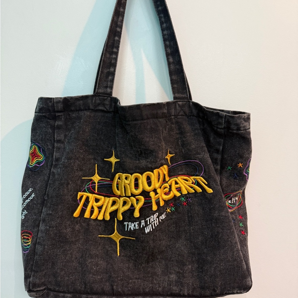 Groovy Trippy denim shopper tote bag
